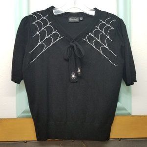 EUC Voodoo Vixen XXL spider web embroidered cropped sweater with bow neck